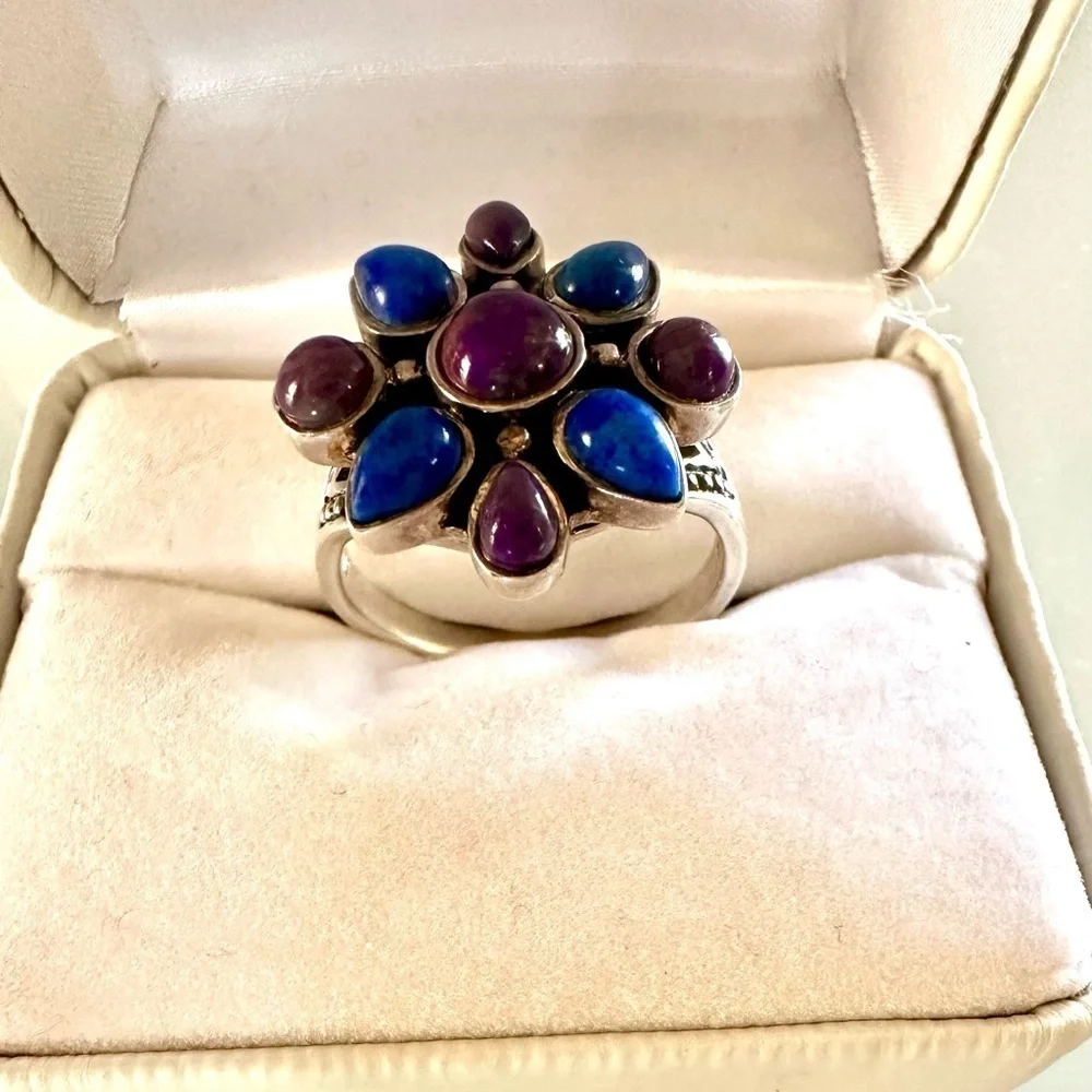 Native American Style 925 Sterling Silver Lapis & Purple Turquoise Cluster Ring